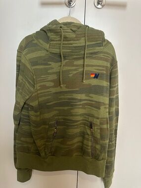 Aviator Nation Olive Camo Pullover Hoodie with Stripe Logo